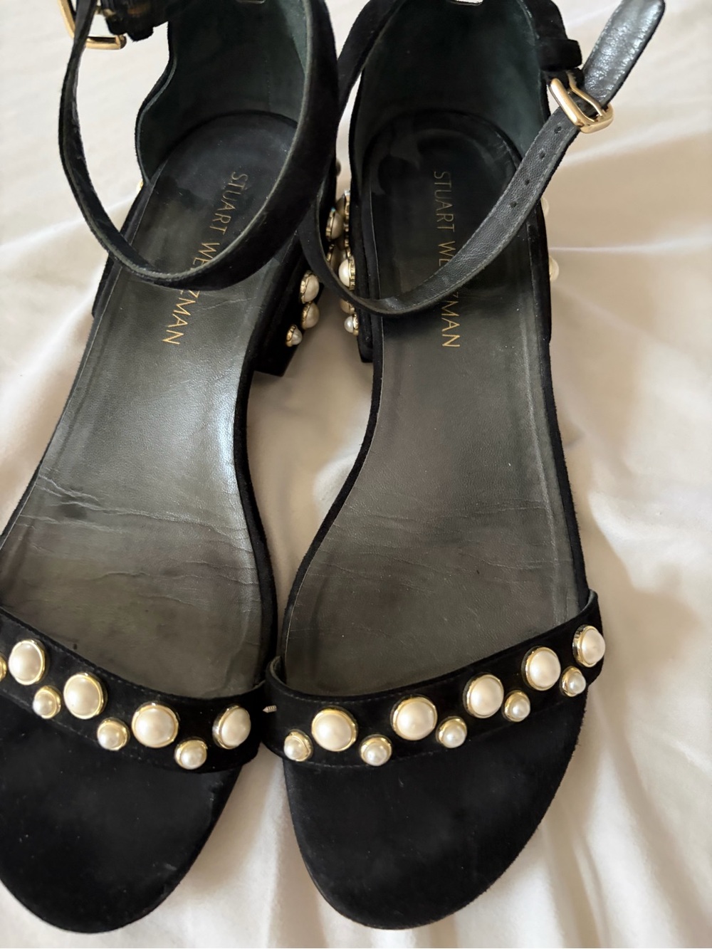 Stuart Weitzman Black Pearl-Studded Ankle-Strap Sandals
